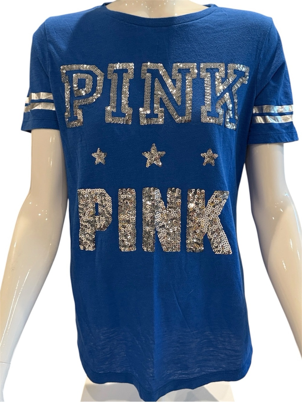 PINK Victoria's Secret Blue Sequin Logo Short Sleeve Tee